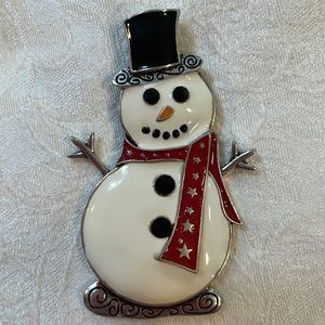 Festive Snowman Brooch with Red and Black Accents